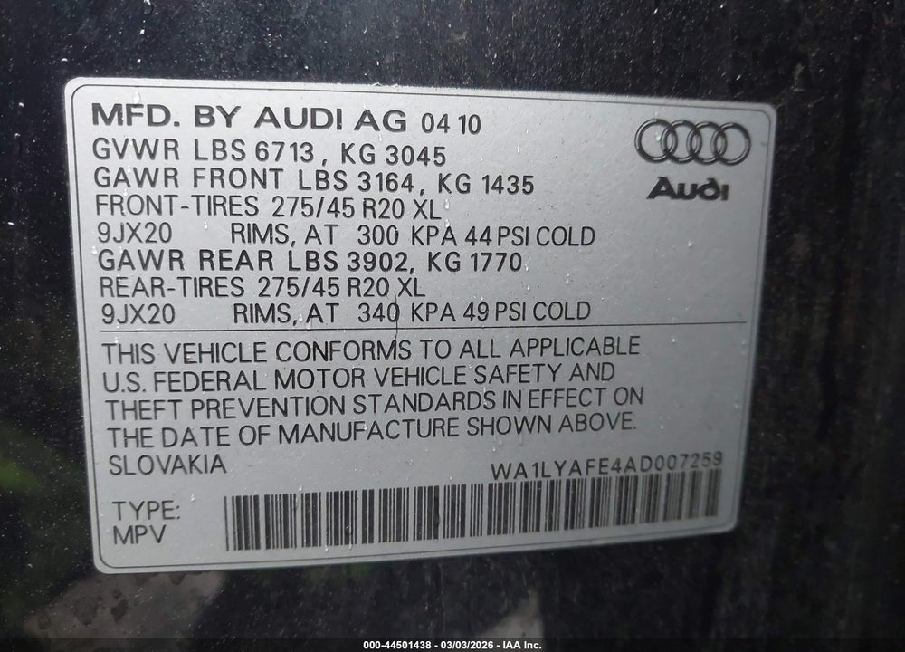 2010 AUDI Q7 3.6 PREMIUM VIN: WA1LYAFE4AD007259