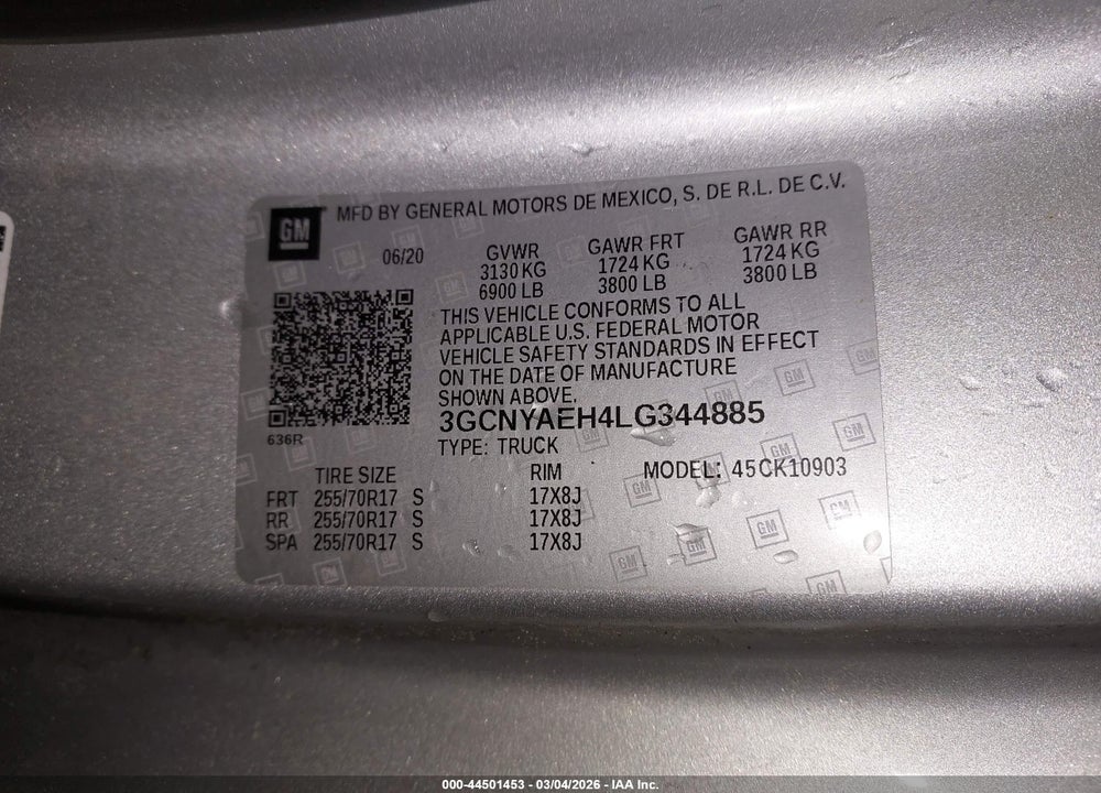 2020 CHEVROLET SILVERADO 1500 4WD  LONG BED WT VIN: 3GCNYAEH4LG344885