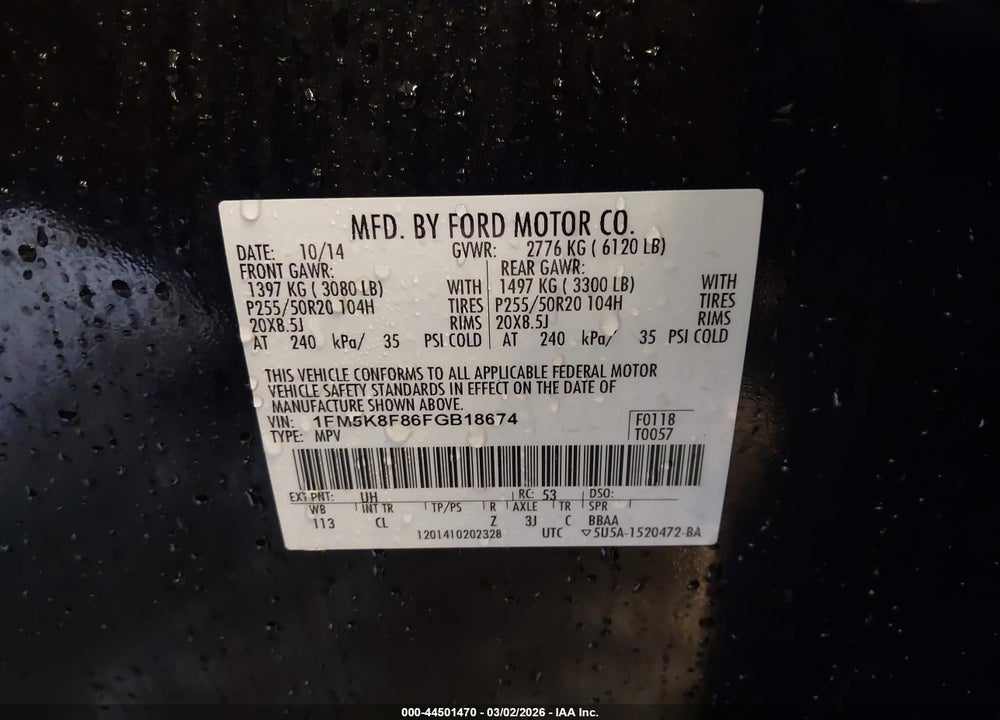 2015 FORD EXPLORER LIMITED VIN: 1FM5K8F86FGB18674