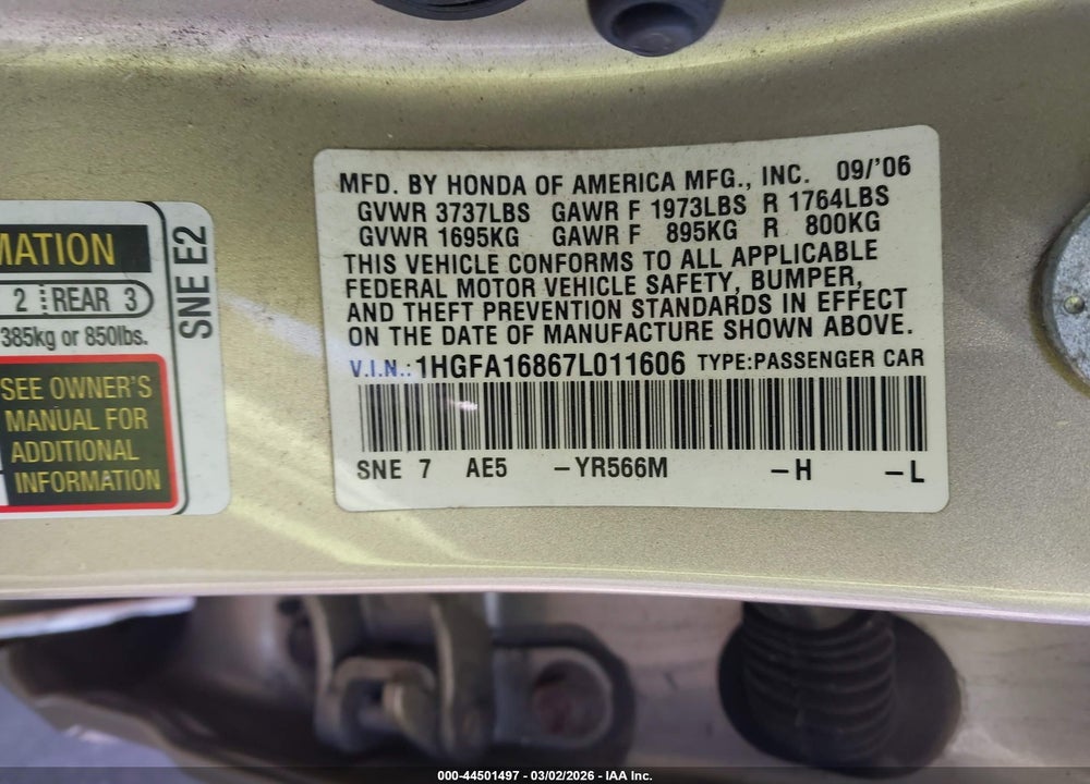 2007 HONDA CIVIC EX VIN: 1HGFA16867L011606