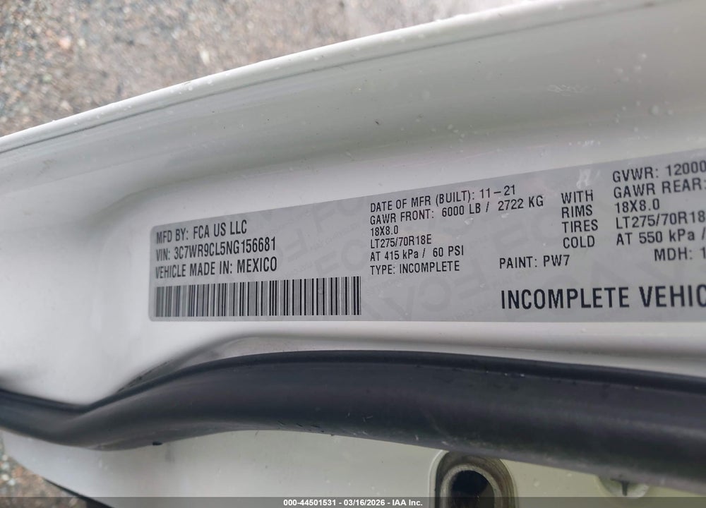 2022 RAM 3500 CHASSIS TRADESMAN/SLT/LAIE/LIMITED VIN: 3C7WR9CL5NG156681