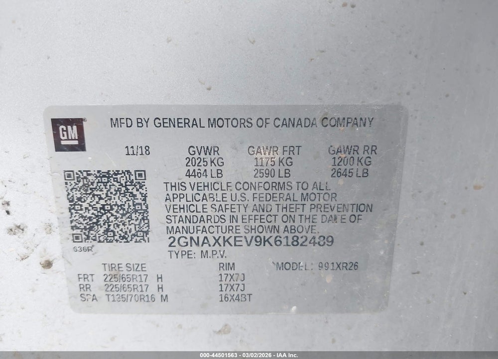 2019 CHEVROLET EQUINOX LT VIN: 2GNAXKEV9K6182489