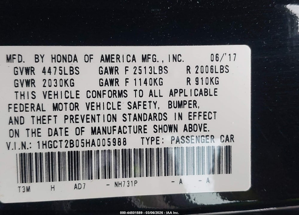 2017 HONDA ACCORD TOURING V6 VIN: 1HGCT2B05HA005988