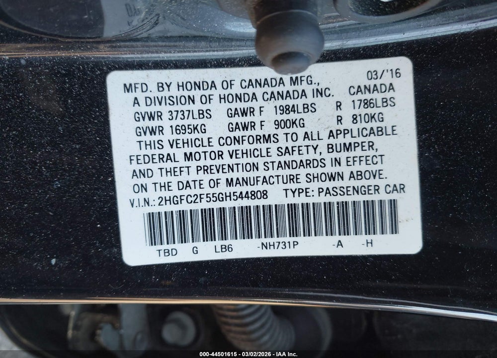 2016 HONDA CIVIC LX VIN: 2HGFC2F55GH544808