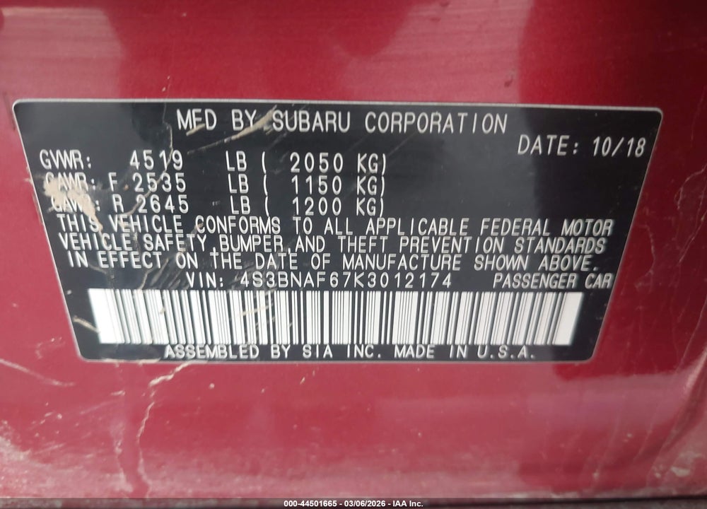 2019 SUBARU LEGACY 2.5I PREMIUM VIN: 4S3BNAF67K3012174