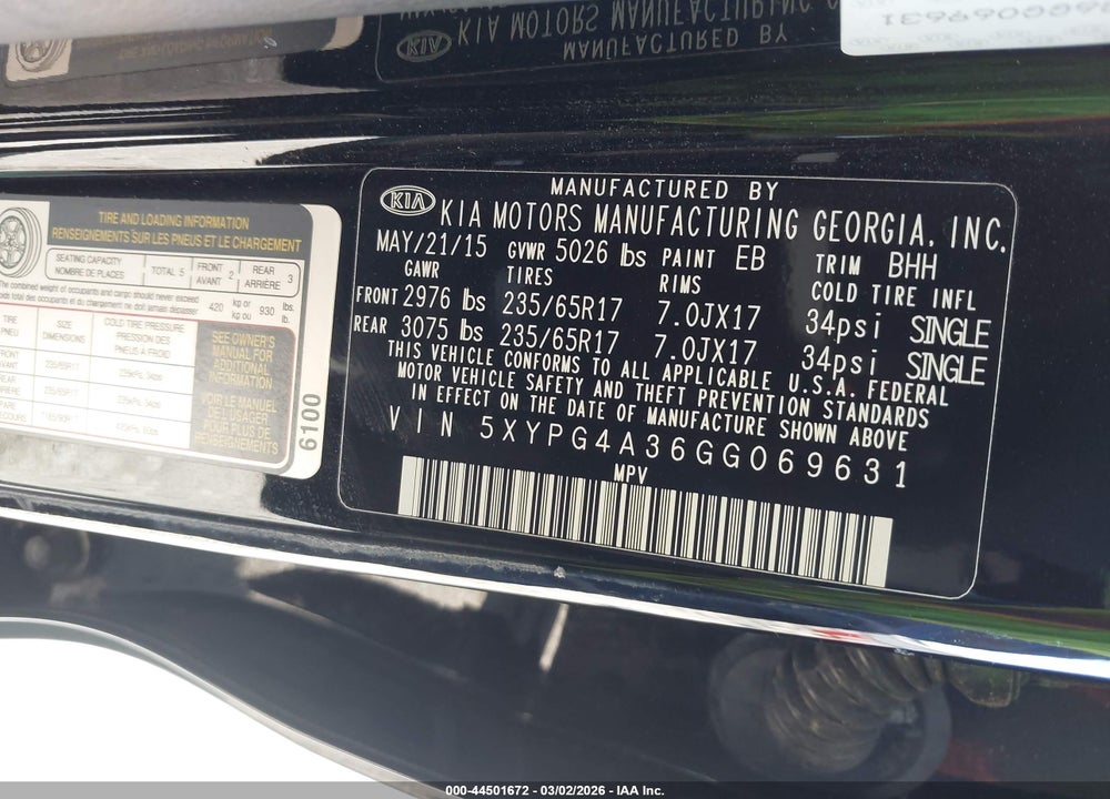 2016 KIA SORENTO 2.4L LX VIN: 5XYPG4A36GG069631