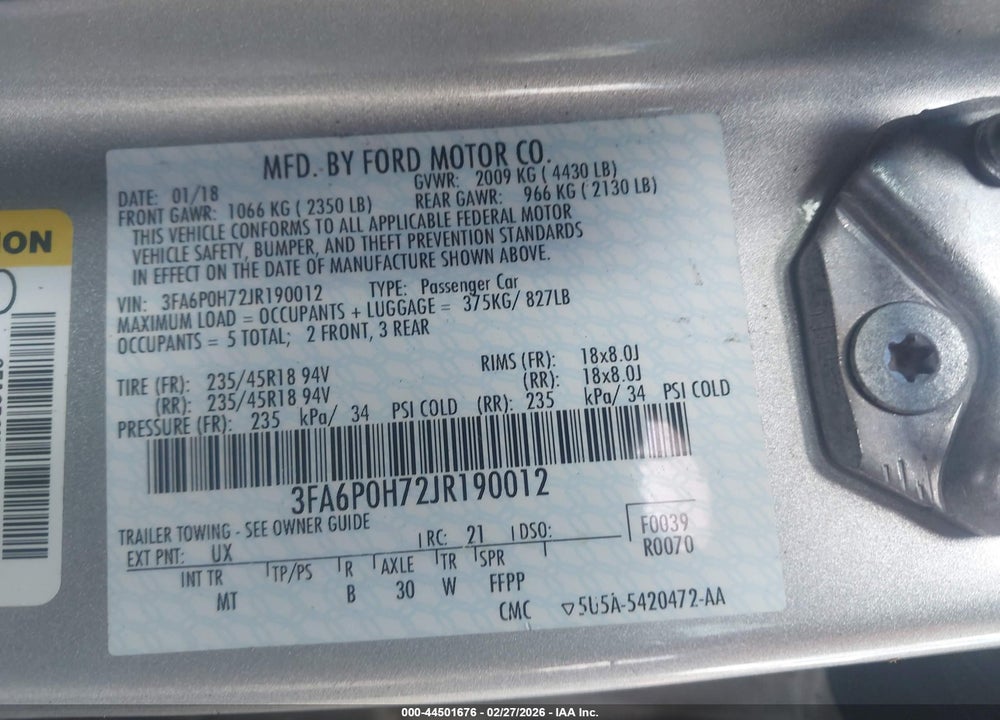 2018 FORD FUSION SE VIN: 3FA6P0H72JR190012
