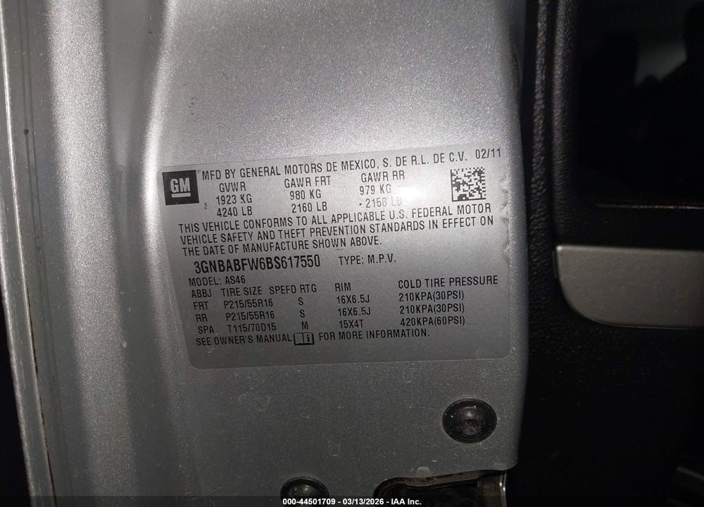 2011 CHEVROLET HHR LT VIN: 3GNBABFW6BS617550