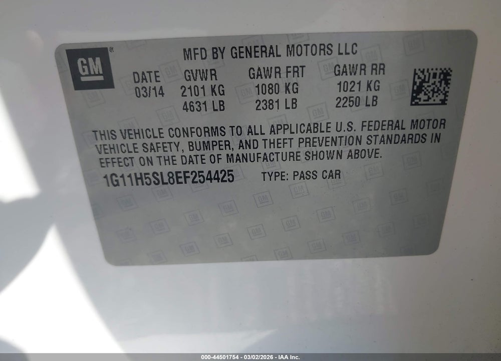 2014 CHEVROLET MALIBU 1LZ VIN: 1G11H5SL8EF254425