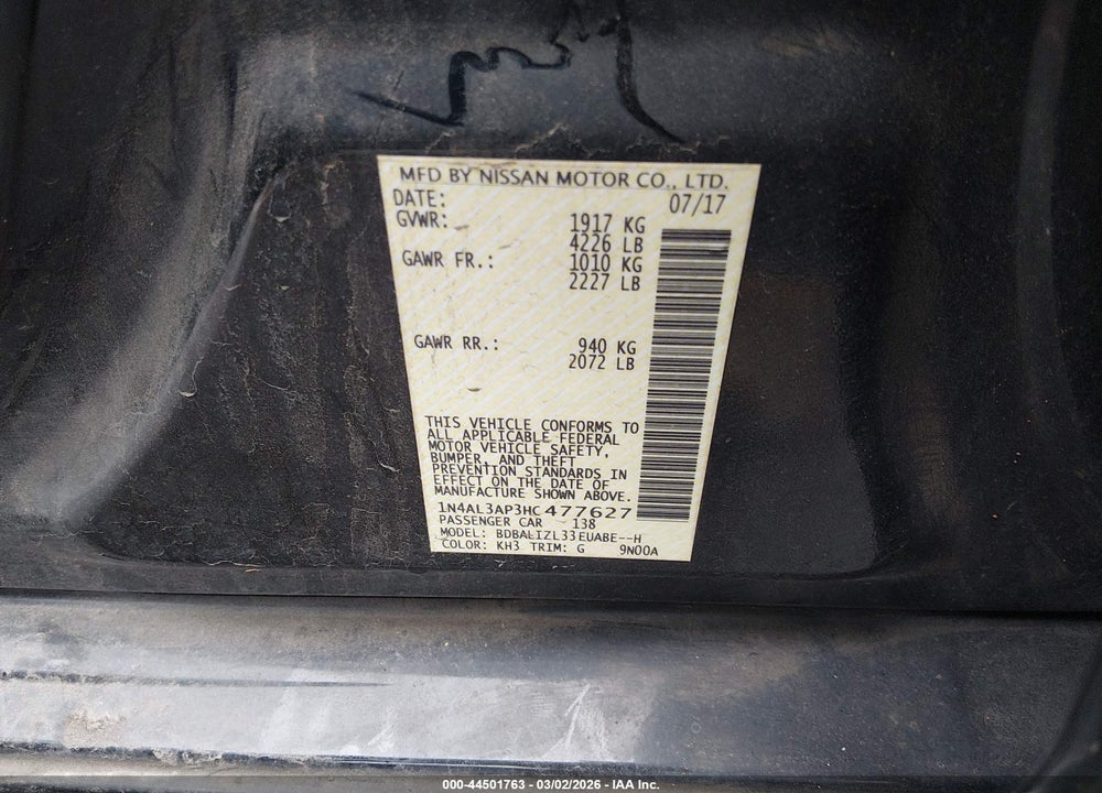 2017 NISSAN ALTIMA 2.5 SV VIN: 1N4AL3AP3HC477627