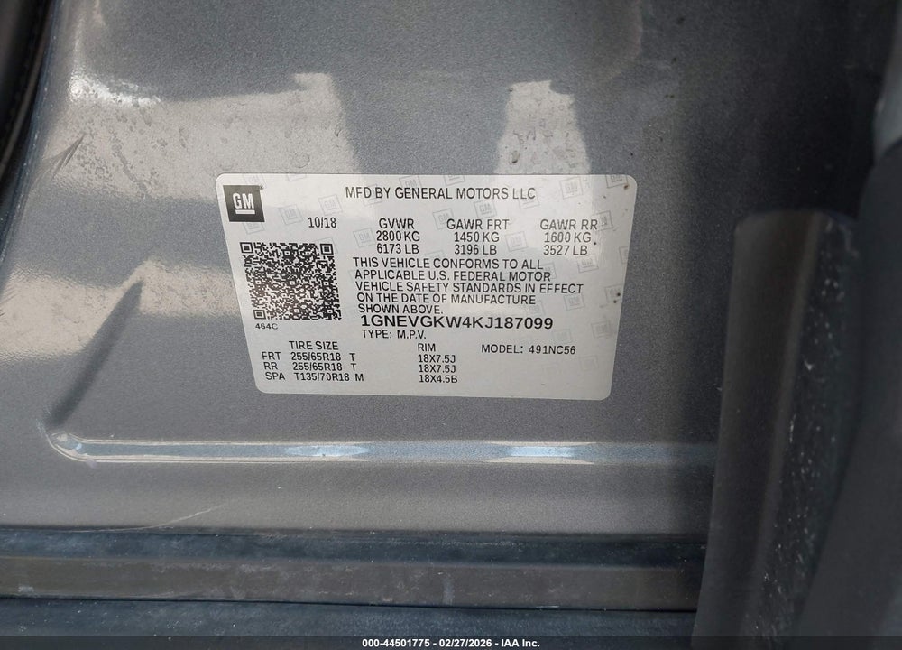2019 CHEVROLET TRAVERSE 1LT VIN: 1GNEVGKW4KJ187099