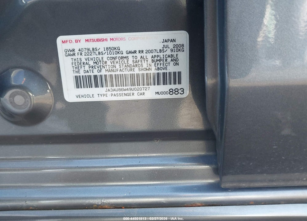 2009 MITSUBISHI LANCER GTS VIN: JA3AU86W49U020727
