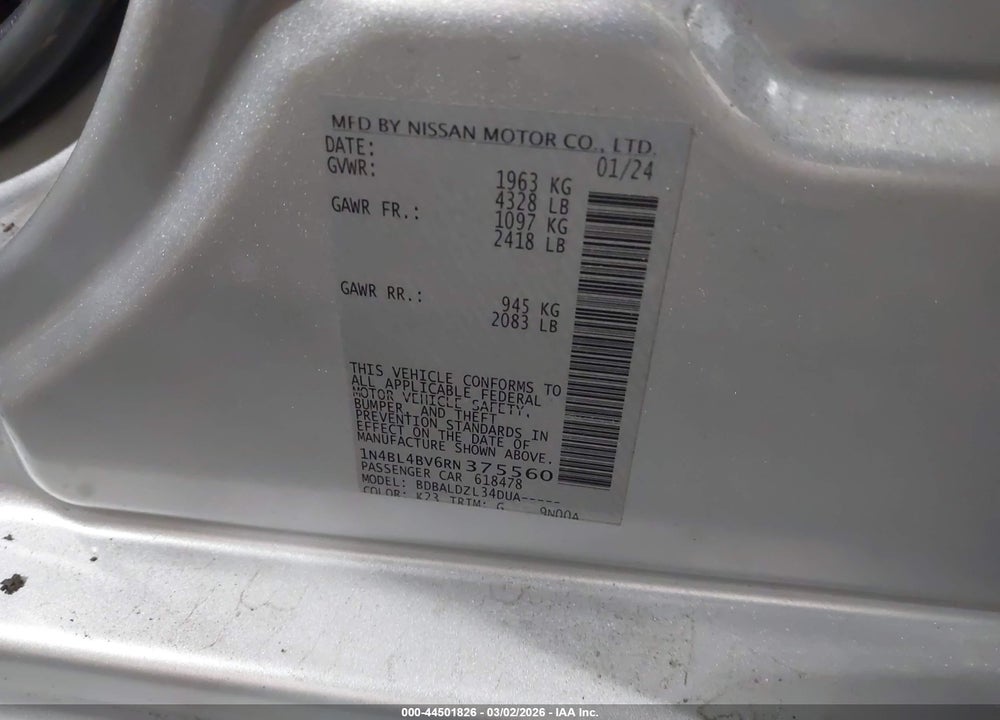 2024 NISSAN ALTIMA S FWD VIN: 1N4BL4BV6RN375560