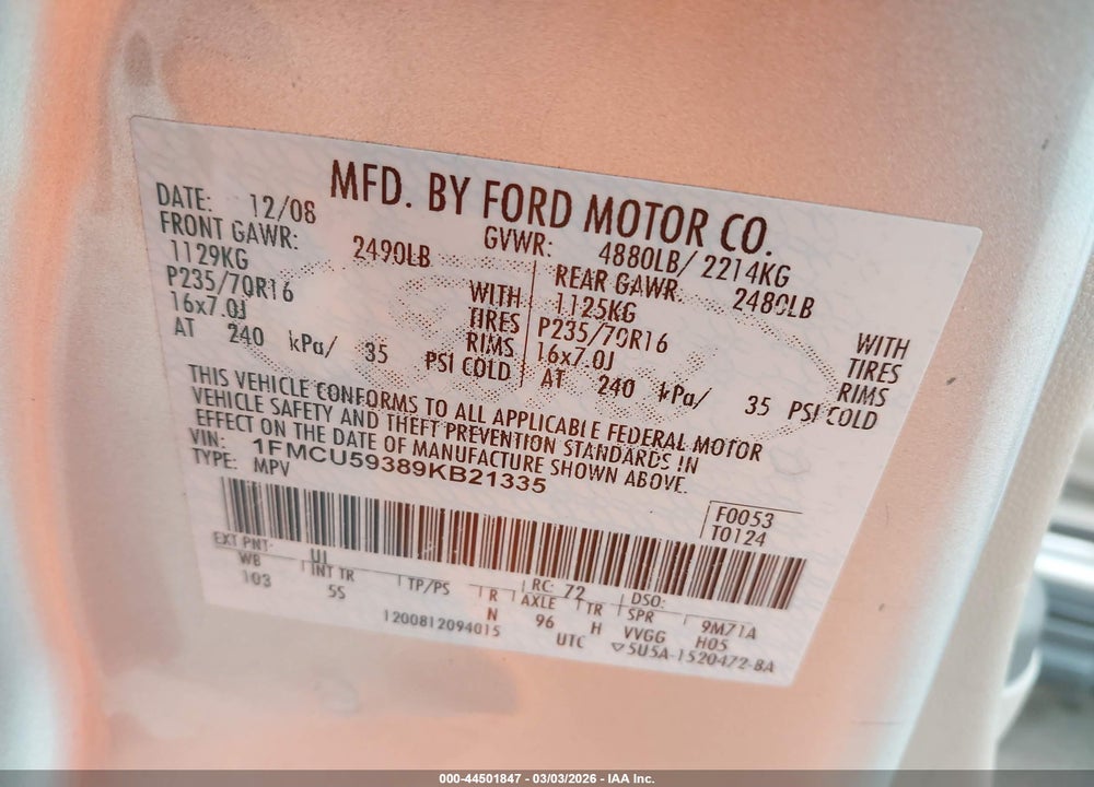 2009 FORD ESCAPE HYBRID LIMITED VIN: 1FMCU59389KB21335