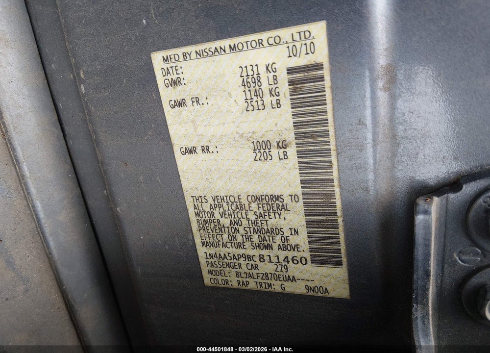 2011 NISSAN MAXIMA 3.5 SV VIN: 1N4AA5AP9BC811460