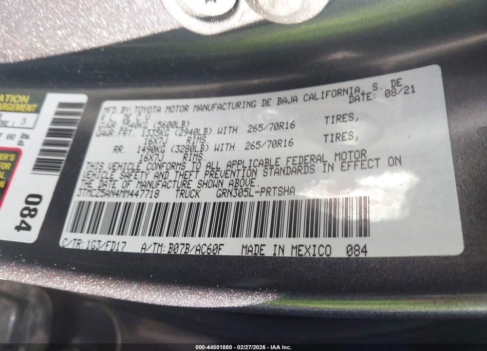 2021 TOYOTA TACOMA TRD OFF-ROAD VIN: 3TMCZ5AN4MM447718