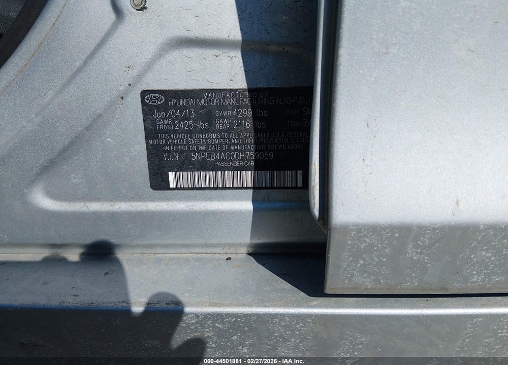 2013 HYUNDAI SONATA GLS VIN: 5NPEB4AC0DH759059