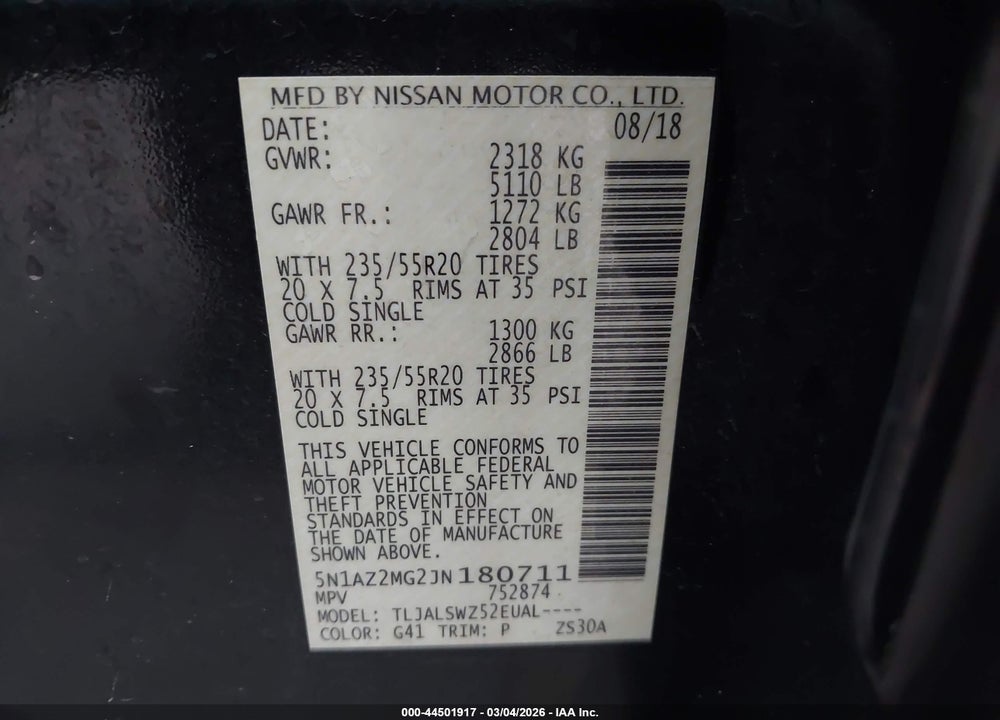 2018 NISSAN MURANO PLATINUM VIN: 5N1AZ2MG2JN180711