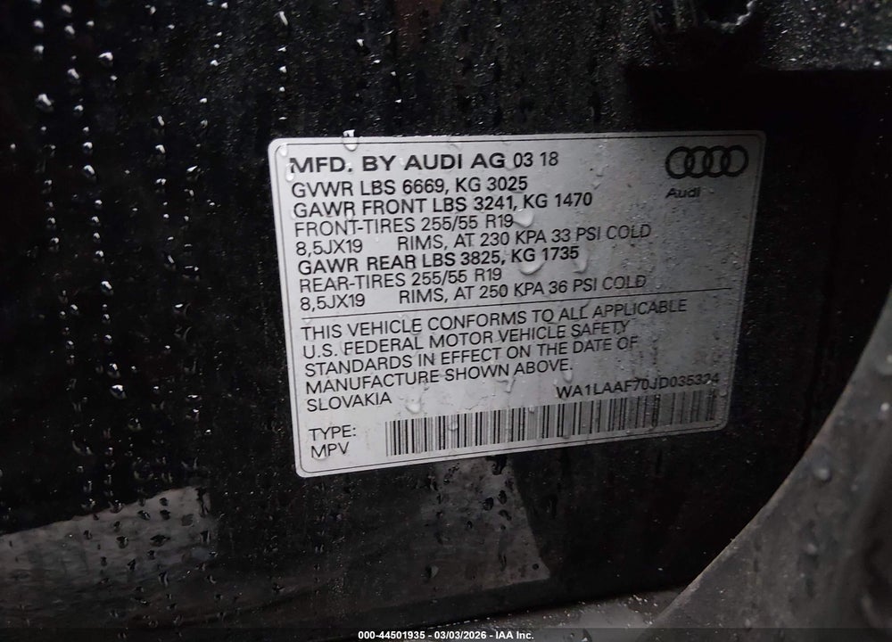 2018 AUDI Q7 3.0T PREMIUM VIN: WA1LAAF70JD035324