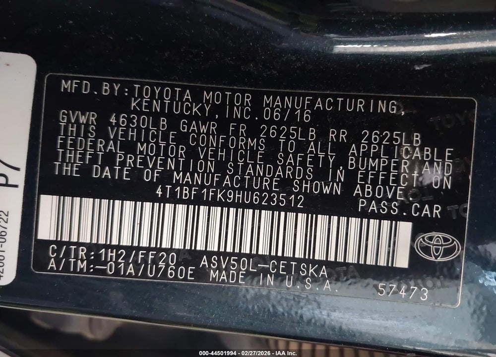 2017 TOYOTA CAMRY SE VIN: 4T1BF1FK9HU623512