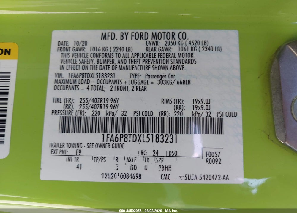 2020 FORD MUSTANG ECOBOOST PREMIUM FASTBACK VIN: 1FA6P8TDXL5183231