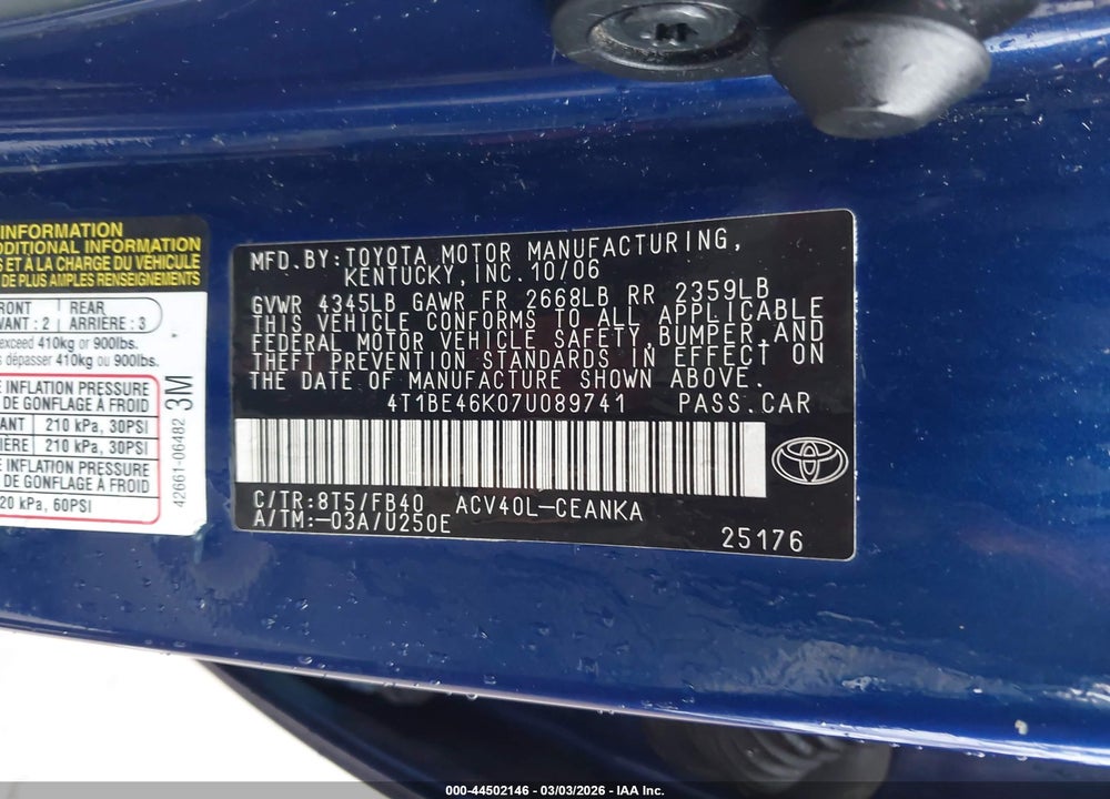 2007 TOYOTA CAMRY LE VIN: 4T1BE46K07U089741