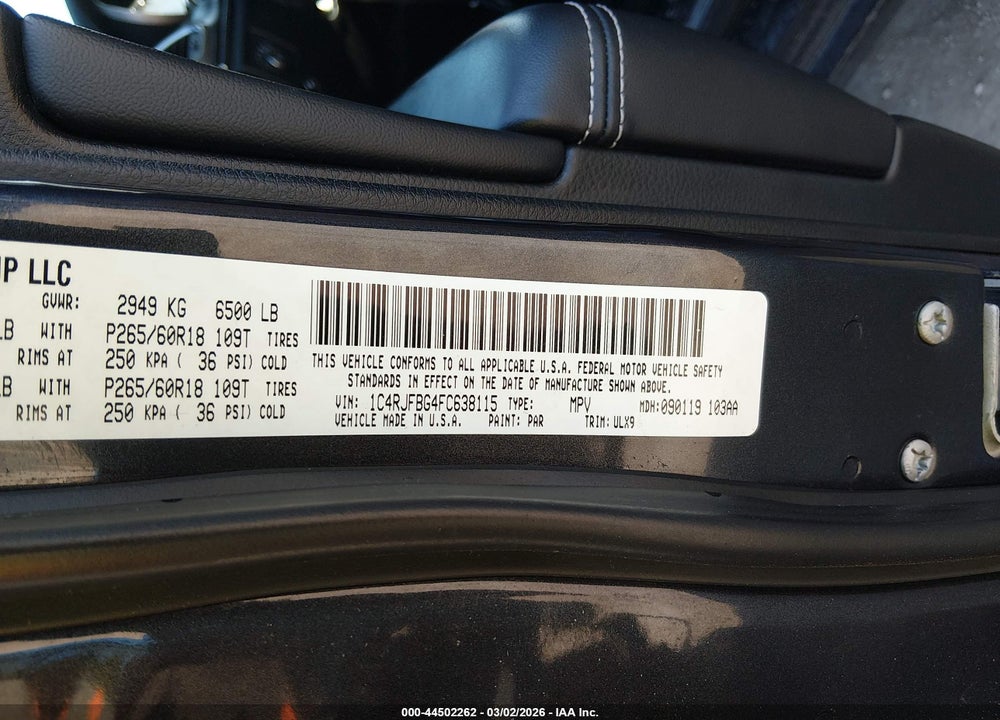 2015 JEEP GRAND CHEROKEE LIMITED VIN: 1C4RJFBG4FC638115