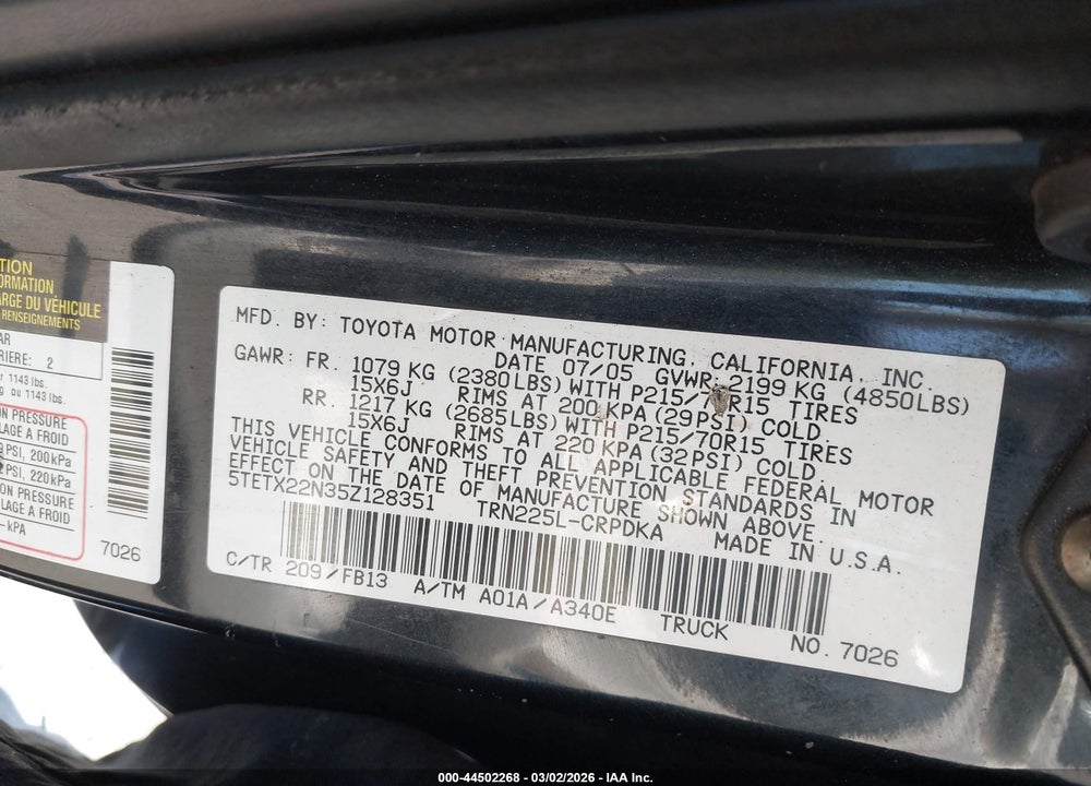 2005 TOYOTA TACOMA VIN: 5TETX22N35Z128351