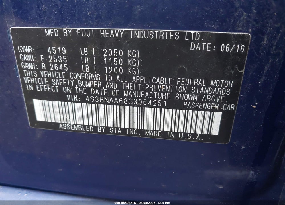2016 SUBARU LEGACY 2.5I VIN: 4S3BNAA68G3064251