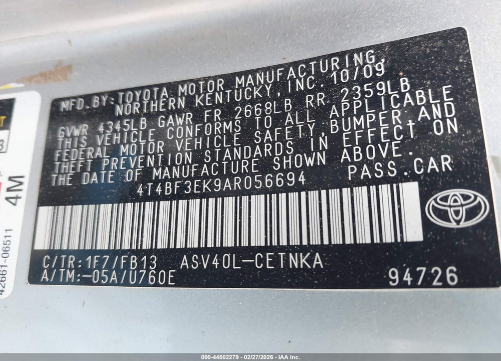 2010 TOYOTA CAMRY LE VIN: 4T4BF3EK9AR056694