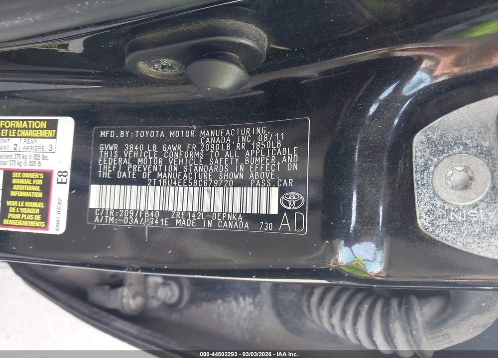 2011 TOYOTA COROLLA LE VIN: 2T1BU4EE5BC679720