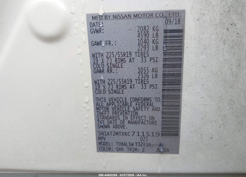 2019 NISSAN ROGUE SL VIN: 5N1AT2MTXKC711519