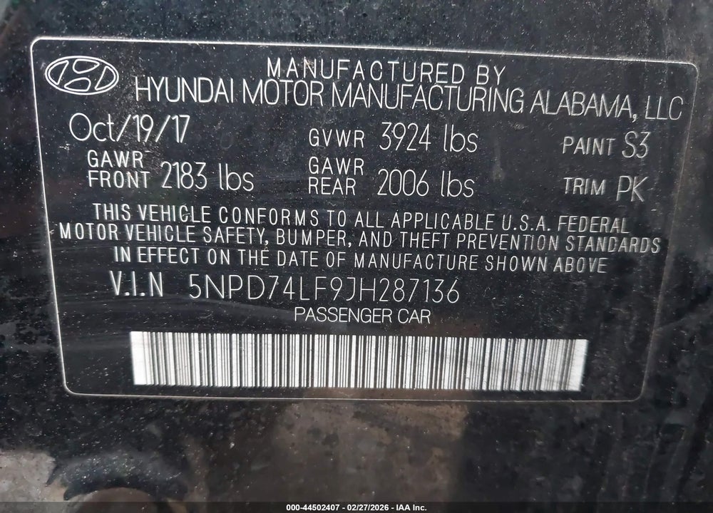 2018 HYUNDAI ELANTRA SE VIN: 5NPD74LF9JH287136