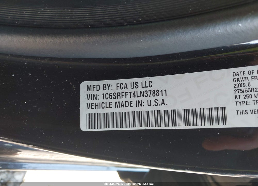 2020 RAM 1500 BIG HORN  4X4 5'7 BOX VIN: 1C6SRFFT4LN378811