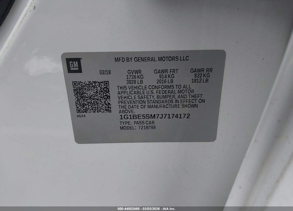 2018 CHEVROLET CRUZE LT AUTO VIN: 1G1BE5SM7J7174172