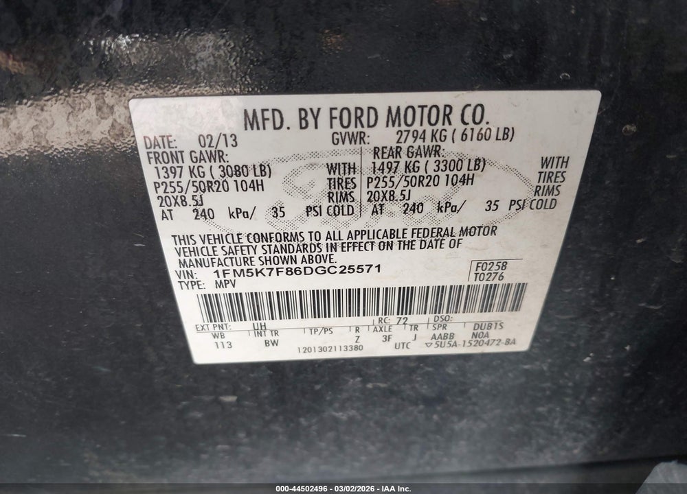 2013 FORD EXPLORER LIMITED VIN: 1FM5K7F86DGC25571