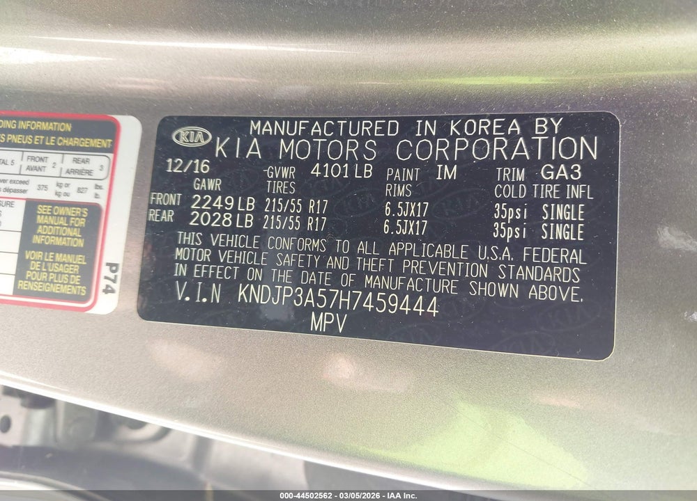 2017 KIA SOUL + VIN: KNDJP3A57H7459444