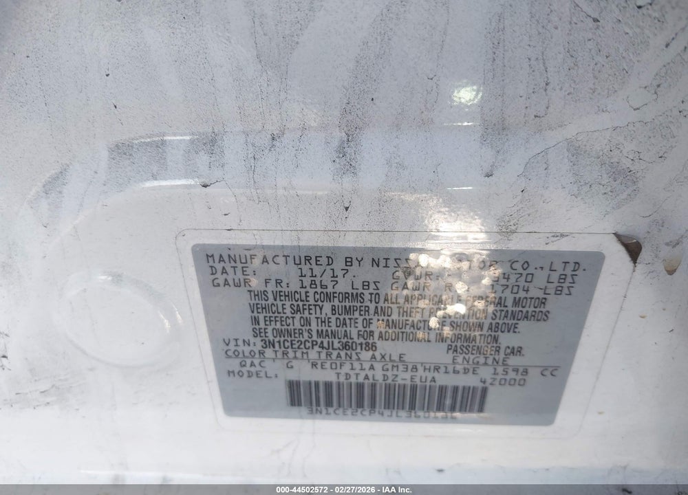 2018 NISSAN VERSA NOTE SV VIN: 3N1CE2CP4JL360186