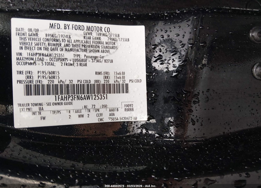 2010 FORD FOCUS SE VIN: 1FAHP3FN6AW125351