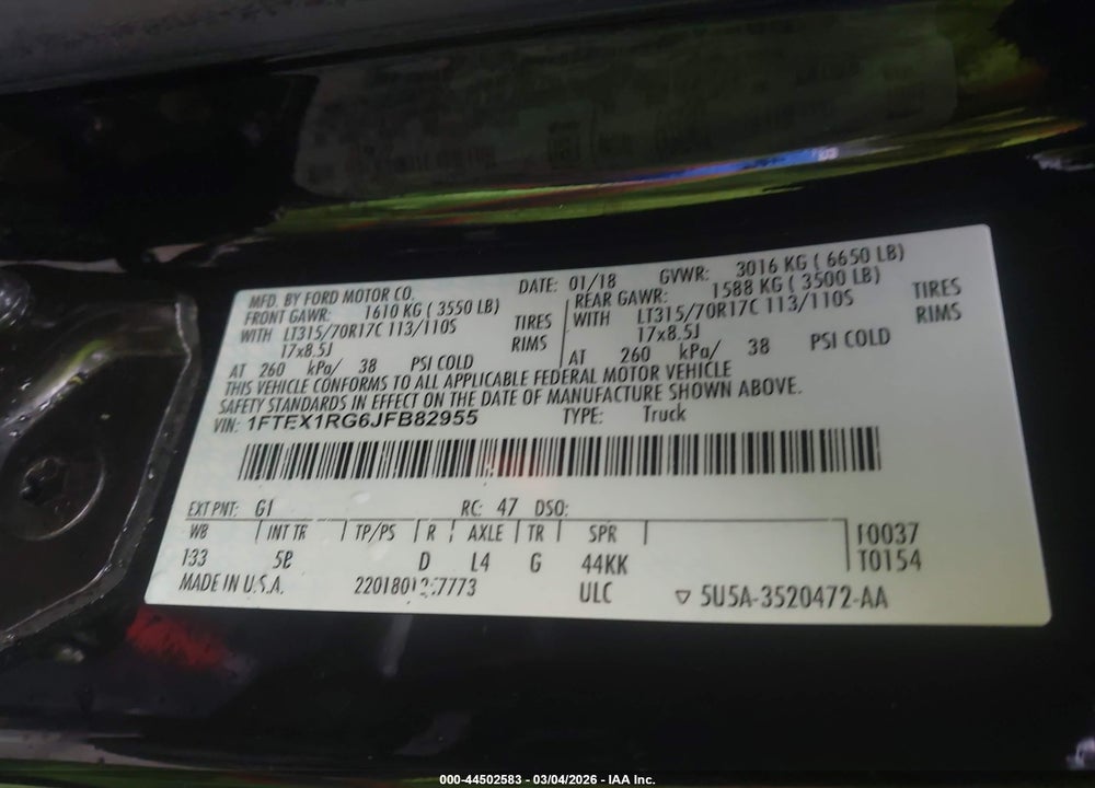 2018 FORD F-150 RAPTOR VIN: 1FTEX1RG6JFB82955
