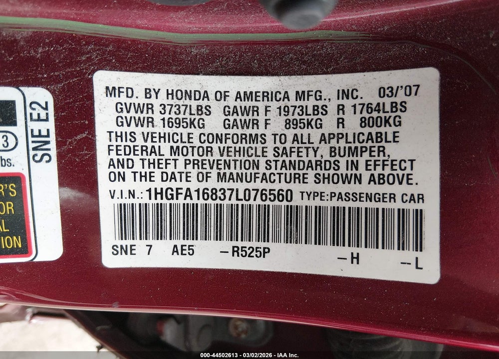 2007 HONDA CIVIC EX VIN: 1HGFA16837L076560