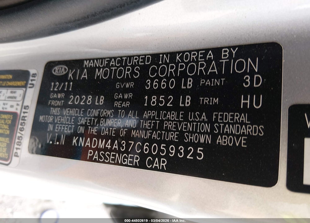 2012 KIA RIO LX VIN: KNADM4A37C6059325