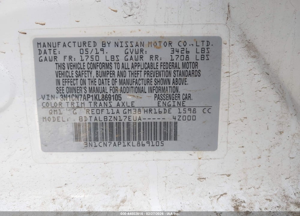 2019 NISSAN VERSA 1.6 SV VIN: 3N1CN7AP1KL869105