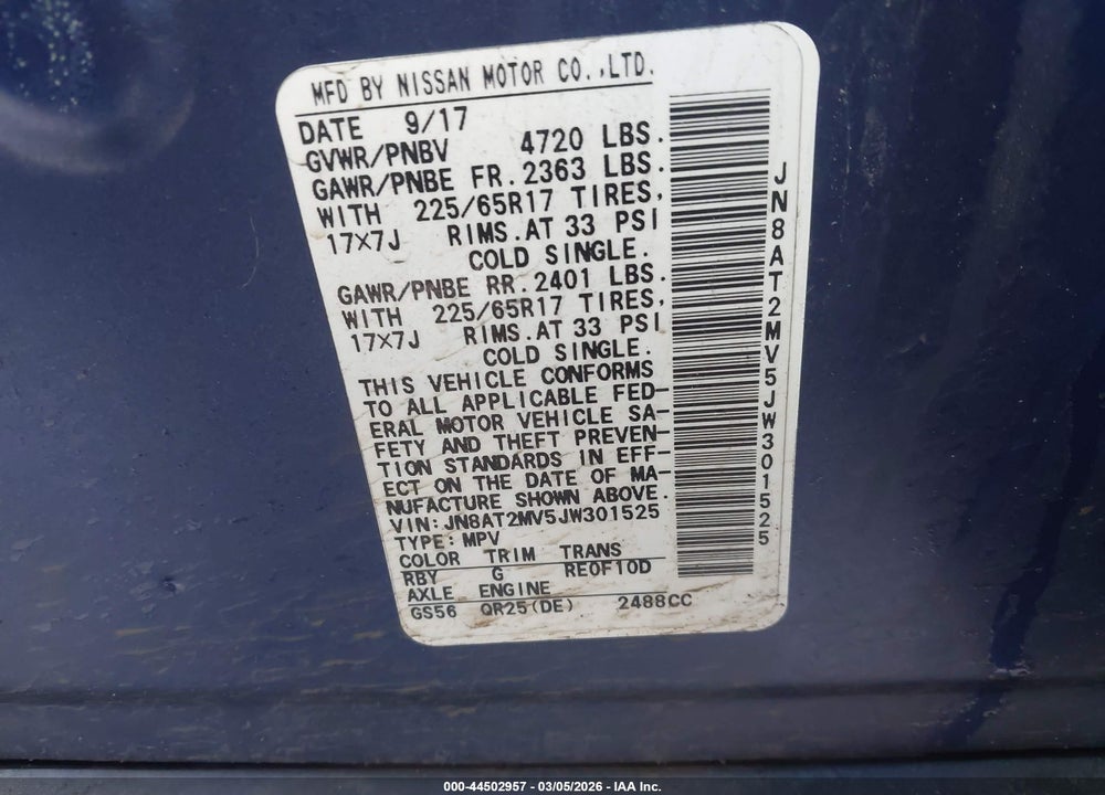 2018 NISSAN ROGUE S VIN: JN8AT2MV5JW301525