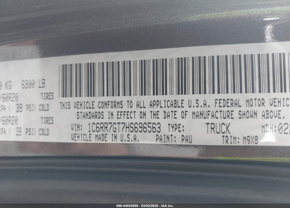 2017 RAM 1500 BIG HORN  4X4 6'4 BOX VIN: 1C6RR7GT7HS696563