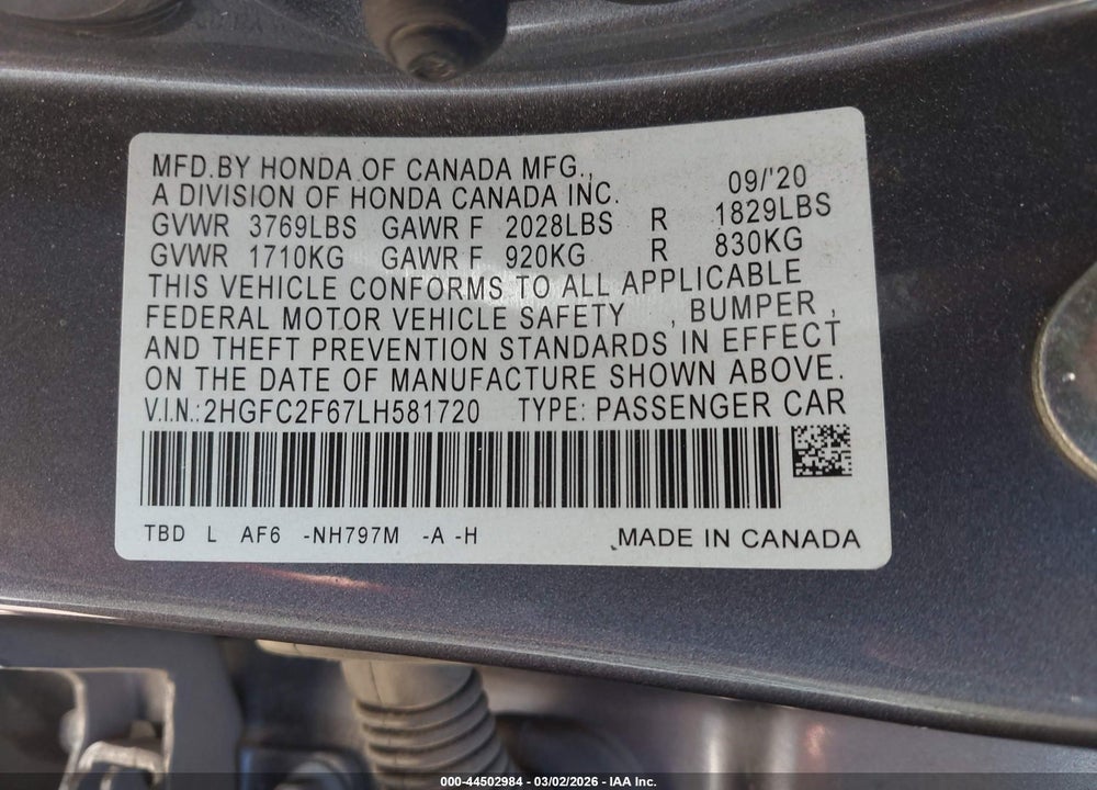 2020 HONDA CIVIC LX VIN: 2HGFC2F67LH581720