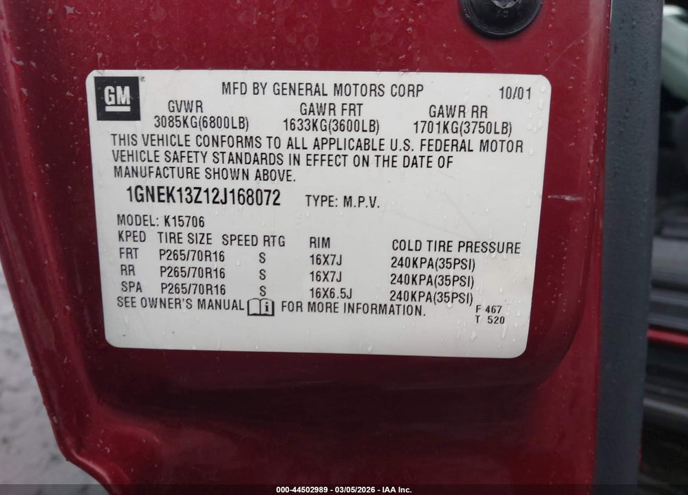 2002 CHEVROLET TAHOE LS VIN: 1GNEK13Z12J168072