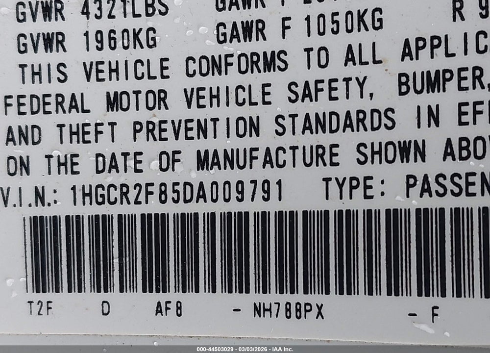 2013 HONDA ACCORD EX-L VIN: 1HGCR2F85DA009791
