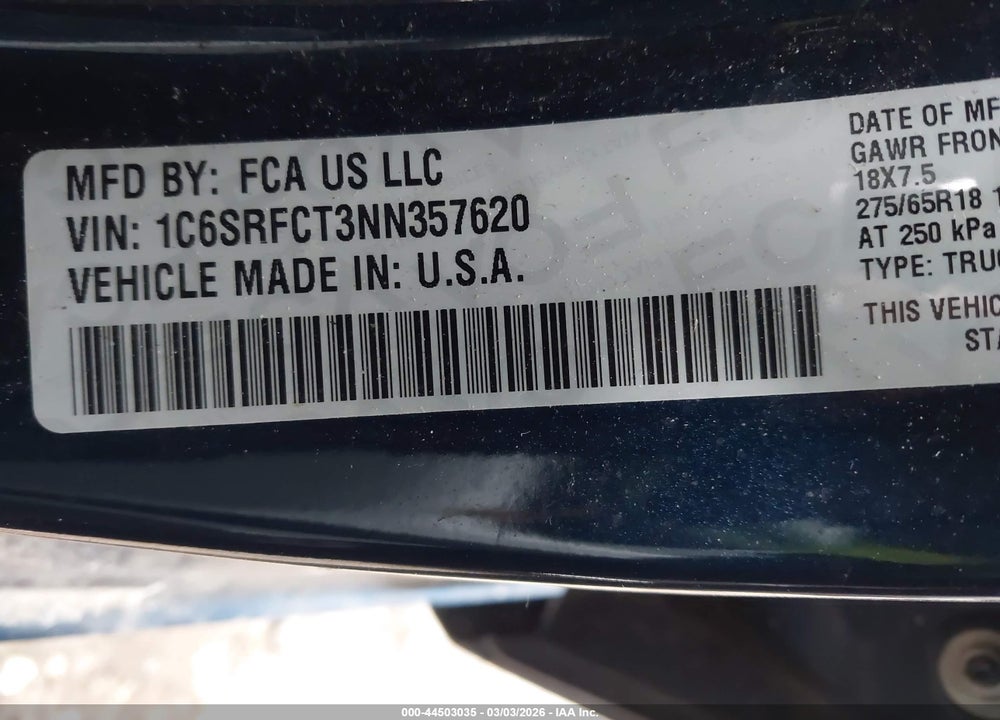 2022 RAM 1500 TRADESMAN  4X4 6'4 BOX VIN: 1C6SRFCT3NN357620
