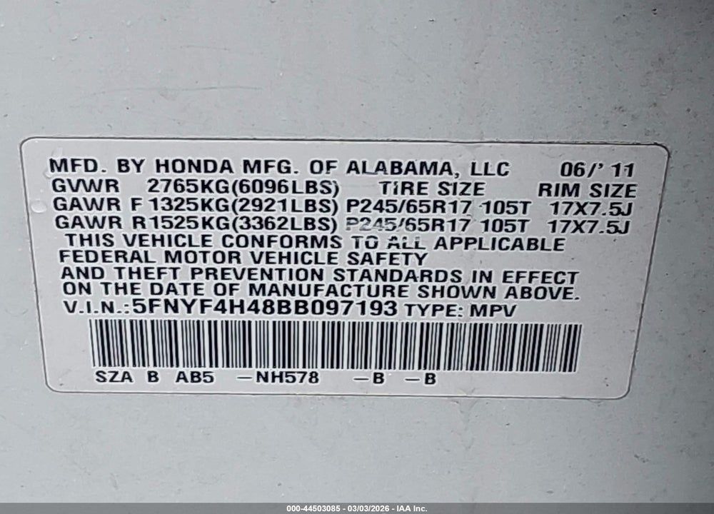 2011 HONDA PILOT EX VIN: 5FNYF4H48BB097193